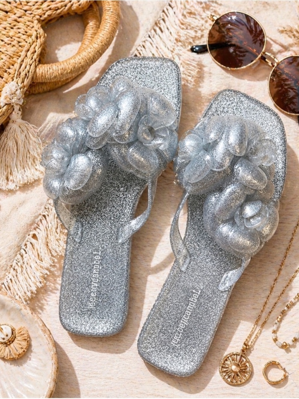 Jeffrey Campbell Silver Glitter Floral Jelly Slide Sandals Flip Flop